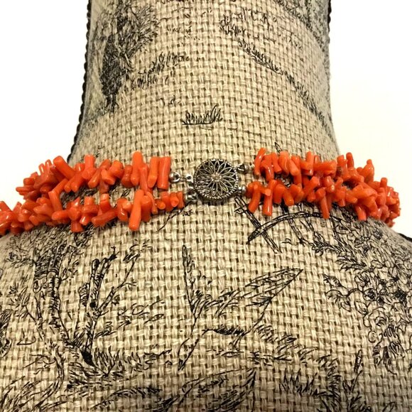 VTG Sterling Silver Branch Coral Necklace Double Strand 24" Filigree Clasp 100g - Picture 5 of 13